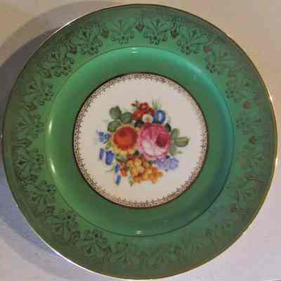 Bavarian Plate with Flower Centers & Green-Gold Rim, 1 of 12