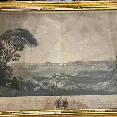 Italian Engraving of Pastoral Scene with Veduta di Baja Coat of Arms