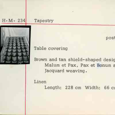Table Covering with Brown & Tan Shields Design & Religious Text