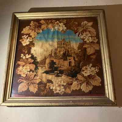 Framed Fabric Picture of Castle within Floral Wreathe