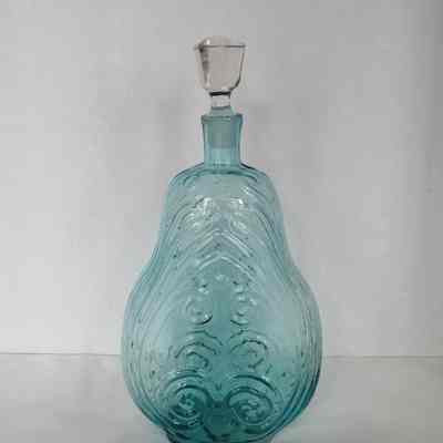 Turquoise Pressed Glass Pear Flask with Clear Stopper