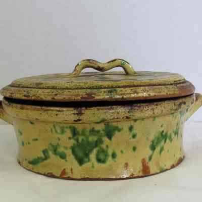 Green & Yellow Pottery Casserole Dish with Cover