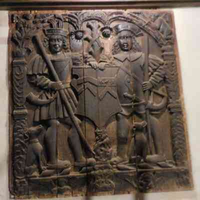 16th c. French Plaque - Knights with Weapons & Dogs