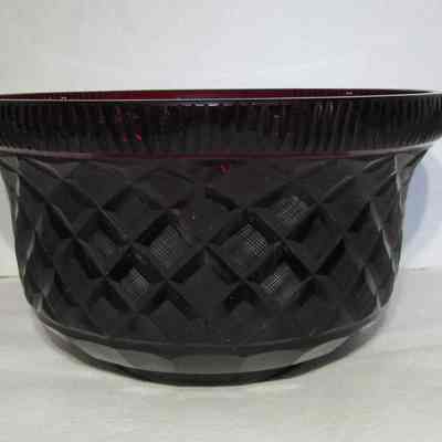 Cranberry Glass Bowl with Diamond Cuts