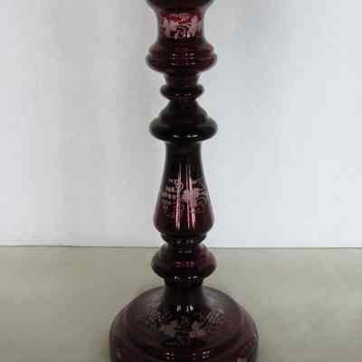 Bohemian Ruby Glass Candlesticks with Grapevine Motif