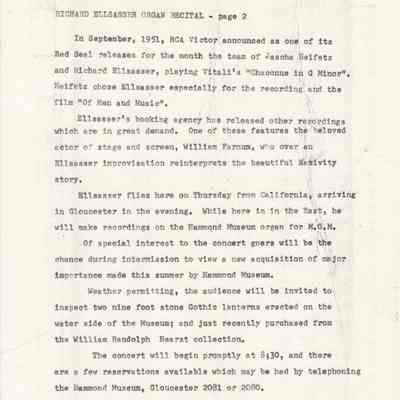 1952-8-29, Ellsasser PR, new Hearst stone gothic lanterns, Lubeck organ screen, page (2)