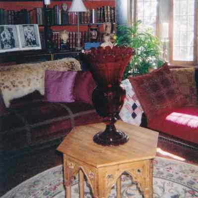 2 Part Cranberry Glass Vase with Etched Scenes