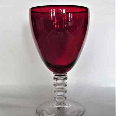 Red Glass Goblet with Clear Ribbed Stem