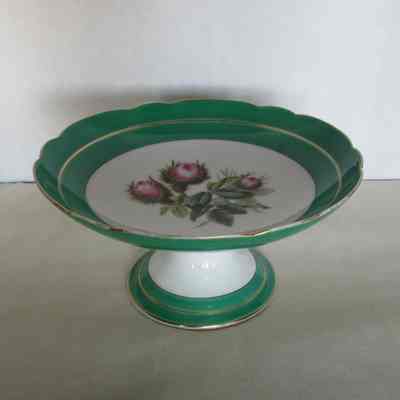 Fruit Bowl on Pedestal with Floral Center & Green Border