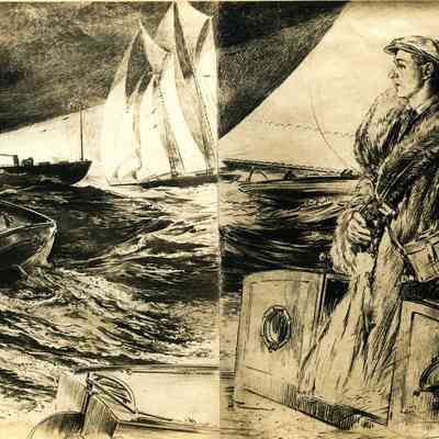 1914 Eric Pape sketch of JHHJr on schooner deck (Choate B Alderman image)