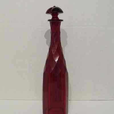 Red Glass Decanter & Stopper with Flowers
