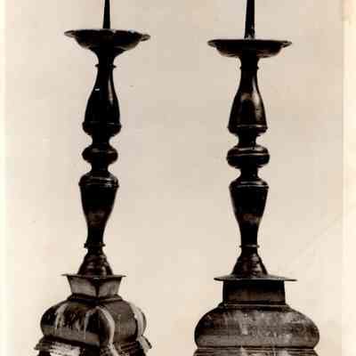 17th c. Tri-footed Spiked Pewter Candle Holders, set of 2