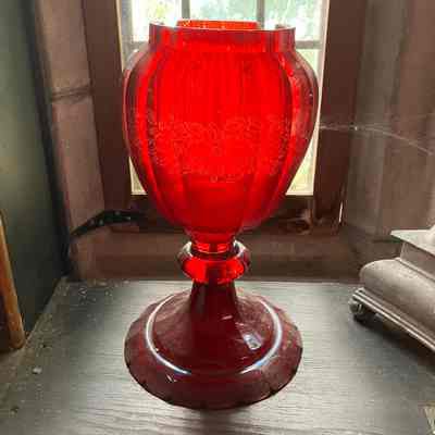 Red Glass Vase with Grape & Flower Design