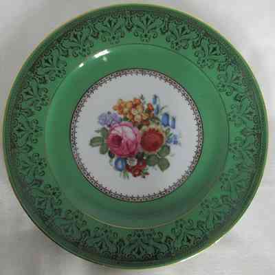 Bavarian Plate with Flower Centers & Green-Gold Rim, set of 12