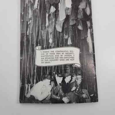 Back of pamphlet with black and white photo of five men in a mine and a quote from Lewiss testimonial