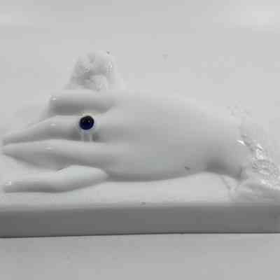 Hand on lid wearing a ring with a blue stone