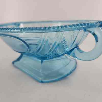 Handle of blue glass compote with line and diamond pattern