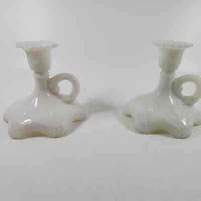 Pair of two milk glass candlesticks