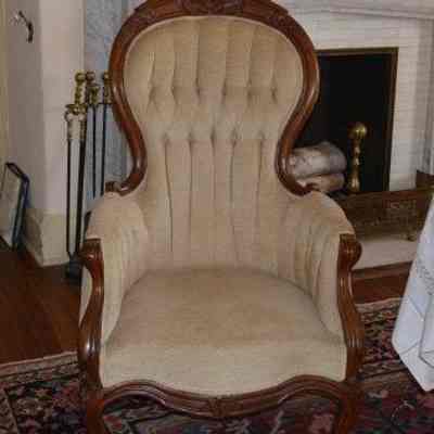 chair with gold upholstery and mahogany trim: Origformat: Artifact