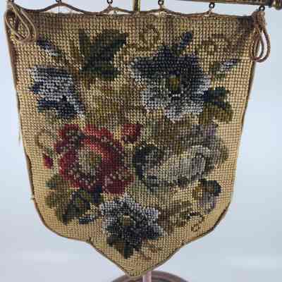 Silk screen with floral pattern, red flowers and leaves are embroidered, blue flowers are beaded