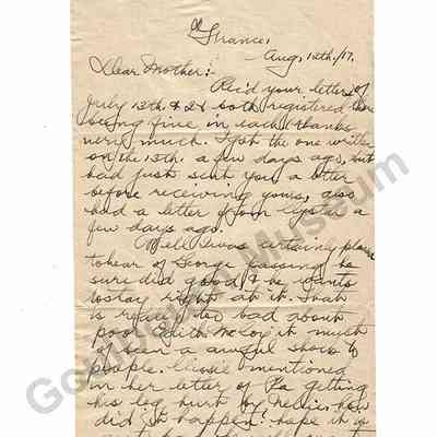 Letter: Sefton Stewart to Mother, August 12, 1917