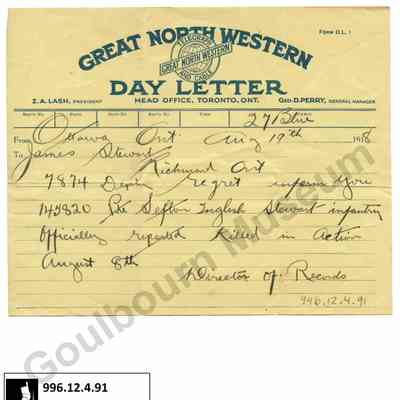 Telegram: Sefton Stewart August 1918