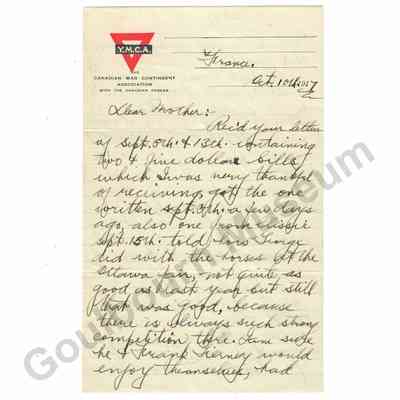 Letter: Sefton Stewart to Mother, October 10, 1917