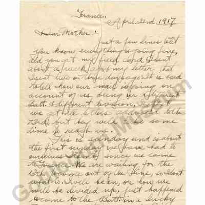 Letter: Sefton Stewart to Mother, April 22, 1917