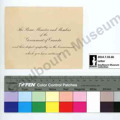 Letter: Prime Minister's Office, Canada, to James Stewart, Letter of Condolence