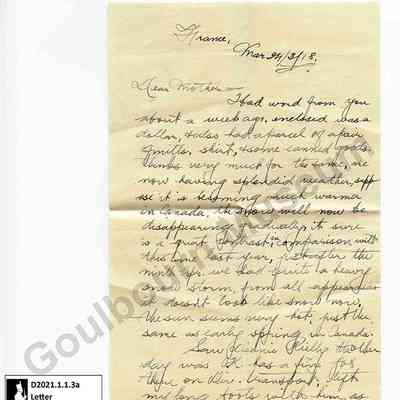 Letter: Sefton Stewart to Mother, March 24, 1918