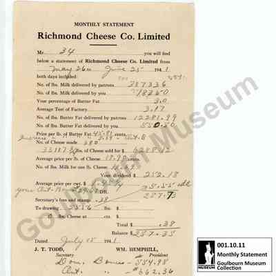Monthly Statement: Richmond Cheese Co. Ltd. 1941