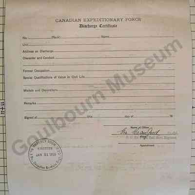Discharge Certificate: Canadian Expeditionary Force First World War