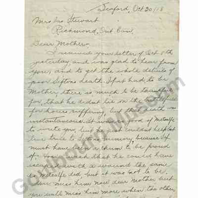 Letter: William (Willie) Mills to Margaret Stewart, October 30, 1918