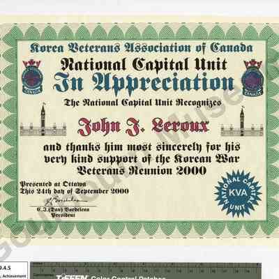 Certificate, Achievement: Korea Veterans Association of Canada, 2000