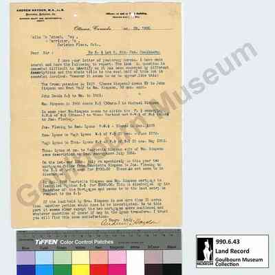 Letter, Abstract of Title: Lot 5 Concession 8, 1899