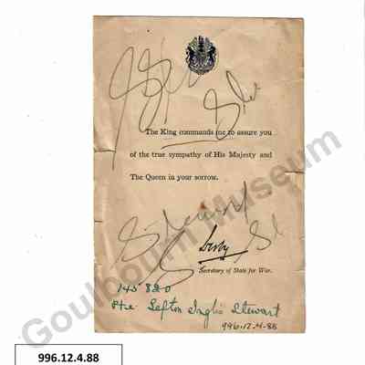 Card, Sympathy: From the Secretary of State for War