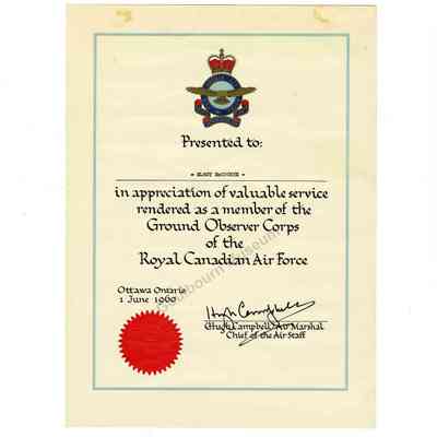 Certificate, Achievement: Ground Observer Corps of the Royal Canadian Air Force, 1960