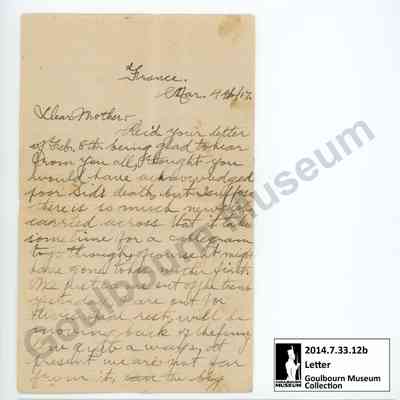 Letter: Sefton Stewart to Mother, March 4, 1917