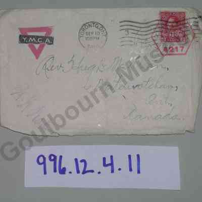 Envelope: YMCA, from Sefton Stewart to Rev. Hugh McClean