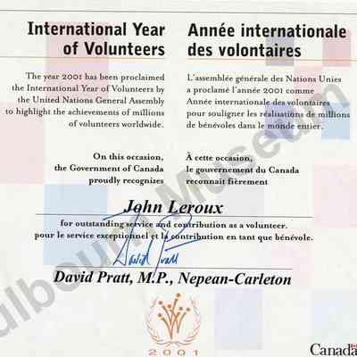Certificate, Achievement: International Year of Volunteers, 2001