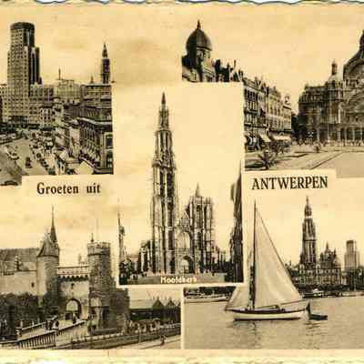 Five views in Antwerp, Belgium; Torgengebouw, Hoofdkert, Middenstatte, Steen, and Reede. Groeten Uit Antwerpen