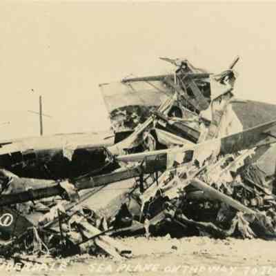 A view of the damage done to a Sea plane that was located somewhere on the way to the beach, by the Sept. 18, 1926 Hurricane. Boats High & dry after the Sept. 18, 1926 Hurricane in Foit Lauderdale, Fl.