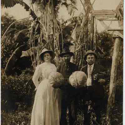 Woman and Two Men with Heads of Lettuce and Camera