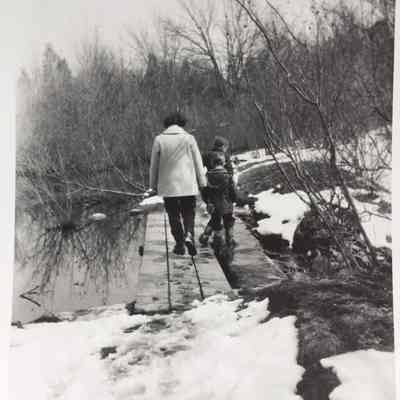 Hikers on Red Maple Pond boardwalk.