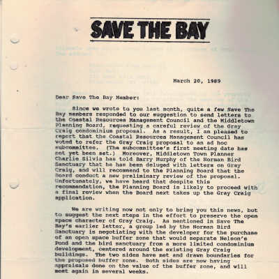 Save the Bay Gray Craig Letter