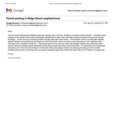 Message from Ridge Street resident Gregg Gossens.: Description of parking situation in Vermont College neighborhood in 1990s.