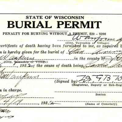 State of Wisconsin Burial Permit: Dan Arenz