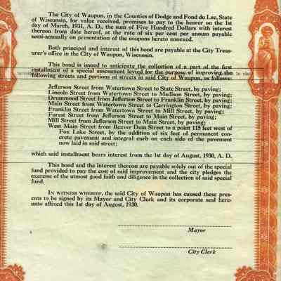 City of Waupun $500 Bond.