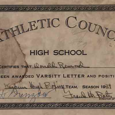 Cetificate, Letter Award, 1939, Boxing, Athletic Council, Donald Remmel