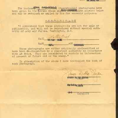 Certificate giving Mr. Riel permission to have photos from WWII.